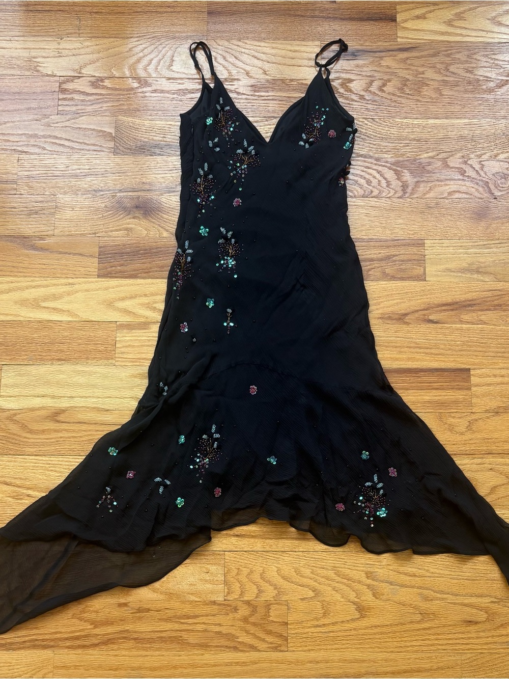 Sue Wong Black Silk Handkerchief-Hem Dress with floral Beading - Picture 7 of 8